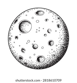 Full moon with craters and surface details black and white silhouette