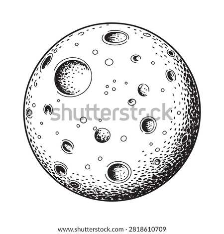 Full moon with craters and surface details black and white silhouette