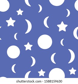 Full moon, crescent moon, an star seamless repeat vector pattern. Fun and interesting celestial patterns great for kids nursery items and packaging. 