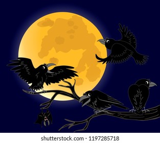 full moon, a crow sitting on a dead black branches, vector illustration
