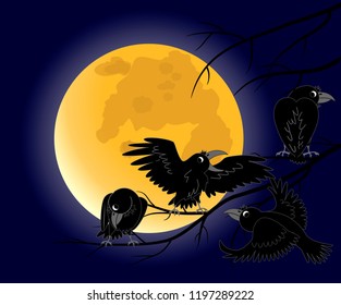 full moon, a crow sitting on a dead black branches, vector illustration