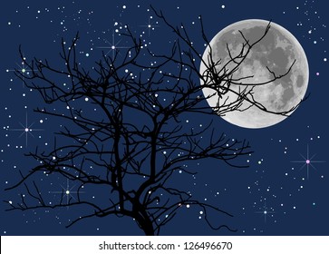 full moon and dead trees
