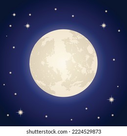 full moon detail with stars on dark blue background. vector illustration