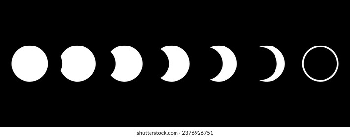 Full moon eclipse concept illustration. Set of moon phases or stages. Total sun eclipse and lunar cycle. Black and white vector elements collection for poster, banner, collage, brochure