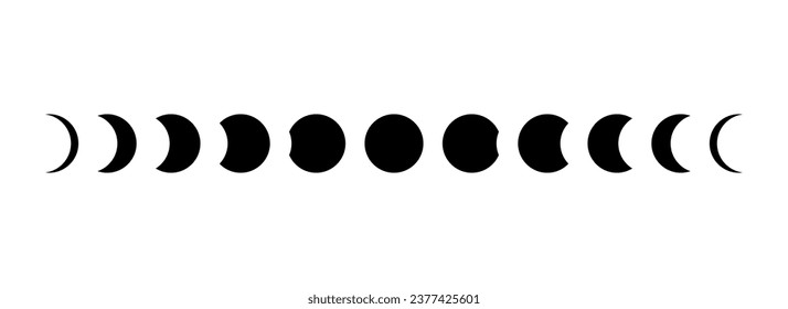 Full moon eclipse concept illustration. Set of moon phases or stages. Total sun eclipse and lunar cycle. Black and white vector elements collection for poster, banner, collage, brochure, cover