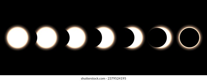 Full moon eclipse concept illustration. Set of moon phases or stages. Total sun eclipse and lunar cycle with glow. Vector elements collection for poster, banner, collage, brochure, leaflet, cover