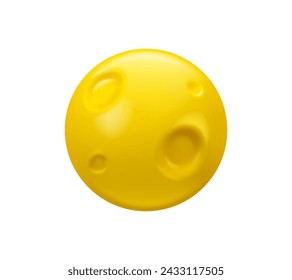 Vector de emoji de luna llena 3d. Planeta amarillo de dibujos animados con cráteres, aislado sobre fondo blanco. Elemento de diseño brillante, juguete lindo, emoticono simple