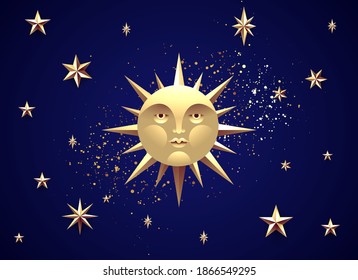 Full moon with fabulous golden face on night starry sky background. Mystic moon concept. Vector illustration
