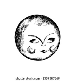 Full Moon With Face. Sketch In Medieval Engraving Style.