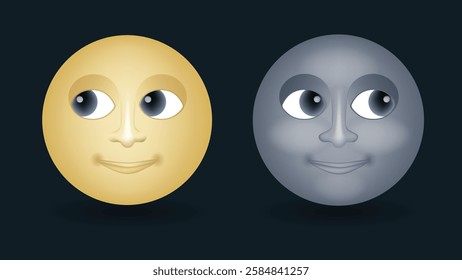 Full moon face vector emoji illustration isolated on dark background. Background set