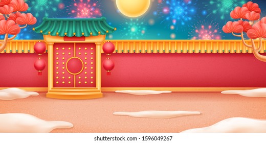 Full moon with fireworks over closed buddhist temple. Salute and gates or entrance, cloud or snow, red lantern for 2020 CNY or chinese new year card. Lunar holiday or asian celebration, korean festive
