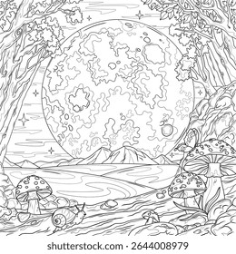 Full moon and fly agaric mushrooms in the forest.Coloring book antistress for children and adults. Illustration isolated on white background.