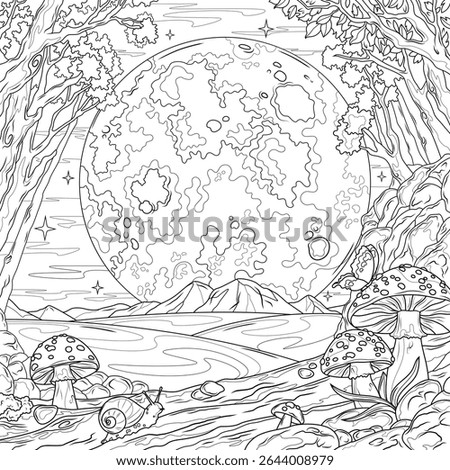 Full moon and fly agaric mushrooms in the forest.Coloring book antistress for children and adults. Illustration isolated on white background.