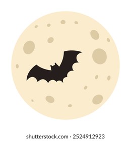 Full moon and flying bat silhouette. Spooky night. Halloween symbol. Vector flat illustration isolated on white background