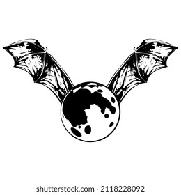 Full moon flying with bat wings. Creative concept. Black and white silhouette.