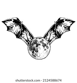 Full moon flying and bat wings  Creative concept  Black   white silhouette  Hand drawn rough sketch 