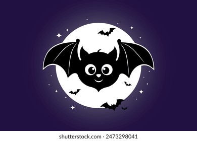 Full moon and flying bats. Cute cartoon bat. Scary october night moon with flying bats. Halloween background. Vector illustration