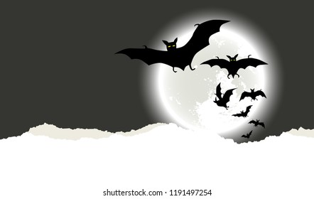 Full moon and flying bats. Halloween background with place for your text