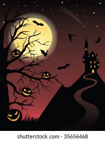 Full moon, flying bats, scary pumpkins on a tree and silhouette of a castle on a mountain.