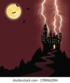 Full moon, flying bats and silhouette of a castle on a mountain.