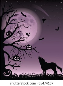 Full moon, flying bats and silhouette of a wolf and tree with pumpkins.