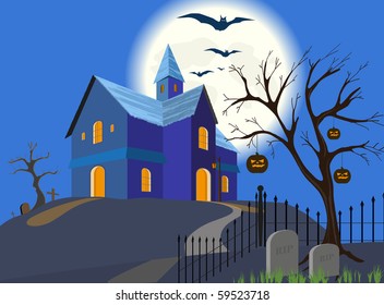 Full moon, flying bats and silhouette of a house on a hill. Vector. EPS8.