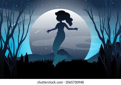 Full moon forest background with mermiad silhouette illustration
