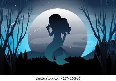Full moon forest background with mermiad silhouette illustration