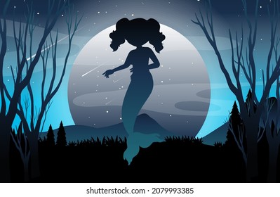 Full moon forest background with mermiad silhouette illustration