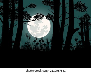 The full moon in the forest behind a large wooden branch makes the natural beauty that seduces the heart