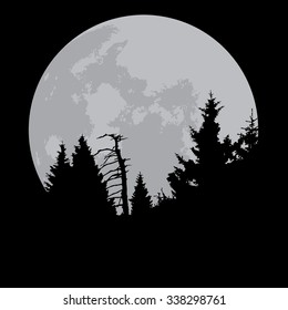 Full moon forest silhouette, hand drawn, vector illustration