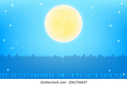 Siluetas de luna llena y bosque en un cielo estrellado brillante