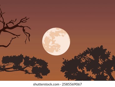 Full Moon Framed by Tree Silhouettes Against a Gradient Night Sky - Serene and Detailed Illustration