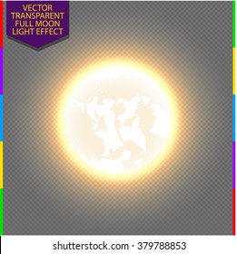 Full moon glow light effect on transparent background. Vector yellow isolated moonlight.