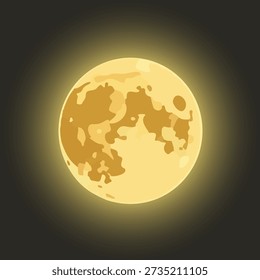 Full moon glow on black background. Night sky planetary fullmoon drawn icon. Yellow shiny orbital planet satellite graphic art symbol. Light orange luna illustration in dark, vector design element eps 10