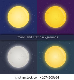 Full moon with glowing edges on dark sky with stars.  Kit of cliparts of various colours: yellow, blue, grey, orange with appropriate background.Vector illustration. 