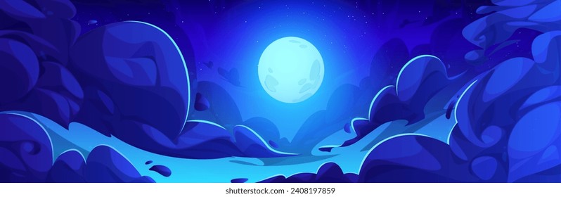 Luna llena brillando en el cielo nocturno. Dibujo vectorial de dibujos animados de estilo medianoche paisaje nublado con estrellas brillando en la oscuridad, luz solar brillante en el espacio, noche misteriosa, fondo en el horizonte