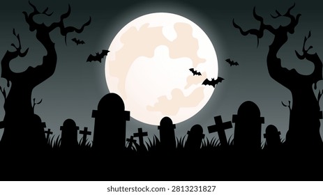 Full moon graveyard cemetery tombstone silhouette halloween spooky night bat tree moonlight mist dark eerie ghostly cemetery scene burial cross grass dead shadow horror haunted autumn scary old
