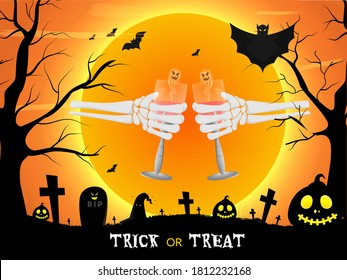 Full Moon Graveyard View Background with Bats Flying, Jack-O-Lanterns and Skeleton Hands Holding Drink Glass for Trick Or Treat.