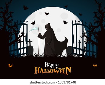 Full Moon Graveyard View Background with Flying Bats, Jack-O-Lanterns and Grim Reaper on the Occasion of Happy Halloween.