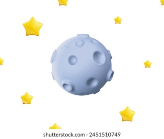 Luna llena Gris planeta abstracto aislado con estrellas. Forma de luna de astronomía con cráteres de dibujos animados Ilustración vectorial 3d
