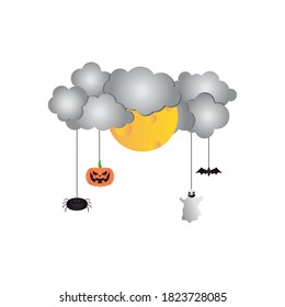 full moon and gray clouds with halloween ghost and related icons hanging over white background, flat style, vector illustration