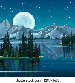 Full moon and group of pine trees reflected in calm still water with mountains on a night starry sky