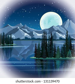 Full moon and group of pine trees reflected in calm still water with mountains on a night starry sky background