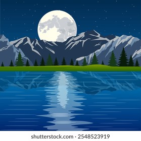 Full moon and group of pine trees reflected in calm still water with mountains on a night starry sky