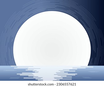 Full moon with halo reflected in lake landscape, background. Hand drawn style flat vector illustration. Design concept for traditional Asian holiday Mid Autumn Festival backdrop, banner, card