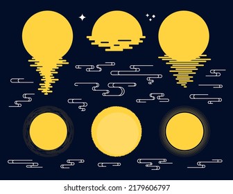 Full moon with halo, reflection, stars, clouds, celestial design elements collection, isolated. Geometric clipart set. Vector illustration. Modern flat style. Mid Autumn Festival card, poster, banner