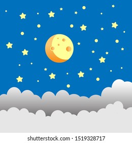 Full moon hand drawing at night sky with clouds and stars for background. Full moon cartoon design by vector for banner or postcard.
