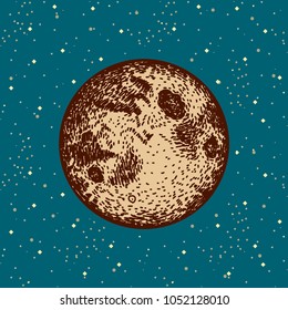Full moon - hand drawn globe terrestrial planet on blue space star background. Futuristic cartoon scenery. Vector space illustration in comics style. Moon colonization project. Universe concept poster