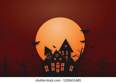 full moon haunted house, and black bat flying, halloween day theme. paper art.